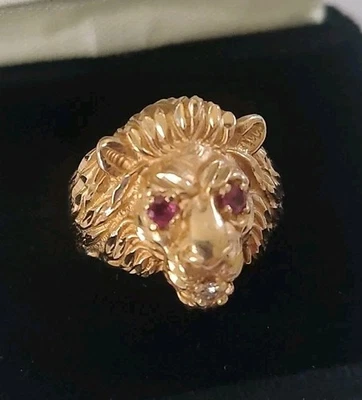 14k Yellow Gold Lion Head Diamond Mouth & Ruby Red Eyes 3D Ring Size 8.5 - Image 1 of 4