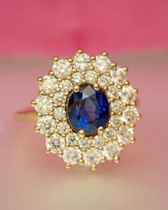 4.50Ct Oval Natural Blue Sapphire & Diamond Wedding Ring 14K Real Yellow Gold 7 - Picture 1 of 5