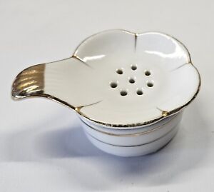 Vintage White Floral Porcelain & Gold Trim Tea Strainer w/Under Bowl 3"X4" Japan