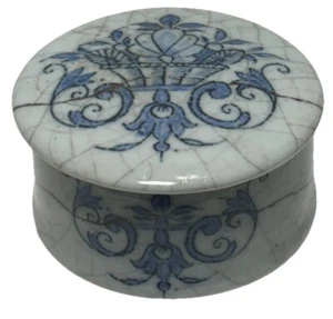 VTG Blue/White Trinket Box QUIMPER FRANCE Round Lidded Musee Breton Striated - Picture 1 of 12
