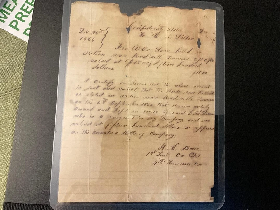 Carta Confederada 4ª u 11ª cav, Tennesse Discute el Valor del Caballo KIA Foto 1 de 1