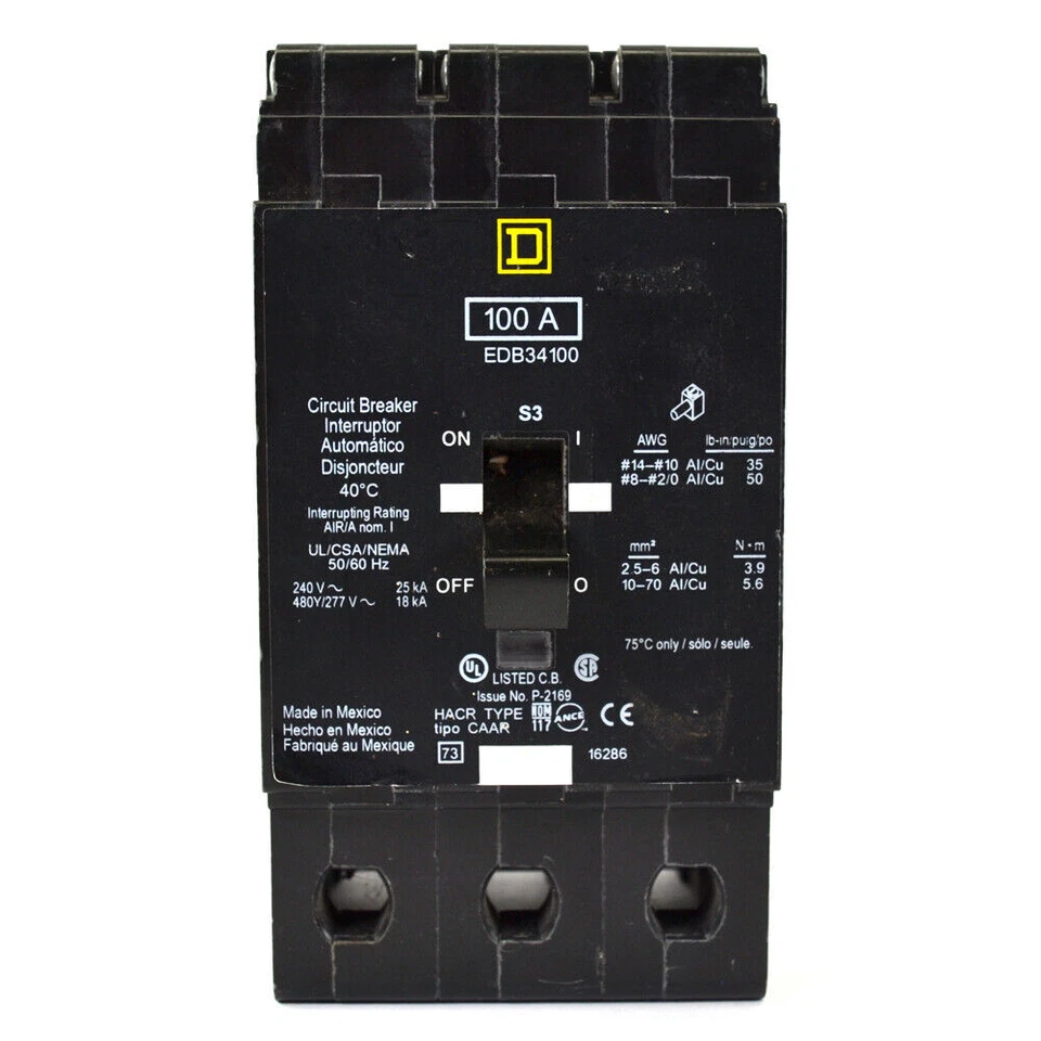 Square D EDB34100 3-Pole Circuit Breaker