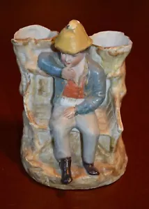 VINTAGE DOUBLE VASE - BOY SEATED ON TREE TRUNK BENCH - CERAMIC, MULTI-COLORED - Picture 1 of 8