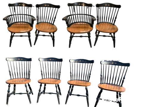 Set 8 S. Bent Bros Windsor ARM CHAIR Gardner MA Black + Gold Cover