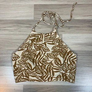 House of Harlow Top Women 6 Linen Halter Crop Smocked Cream Brown Festival Beach - Picture 1 of 11
