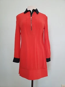 Victoria Victoria Beckham Red Shift Mini Dress 100% Silk Zip Neck Black Collar - Picture 1 of 10