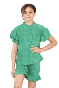 Girls short set Towelling Short sleeve frill short full set co-ord 2 Piece 5-13 - Picture 1 of 14