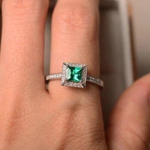 Dainty Emerald Ring Lab Created Princess Cut Gemstone Sterling Silver Women Ring - Picture 1 of 6