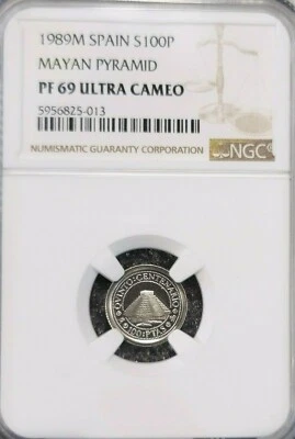 1989 SPAIN SILVER 100 PESETAS MAYAN PYRAMID NGC PF 69 ULTRA CAMEO RARE TOP POP 1 - Image 1 of 4