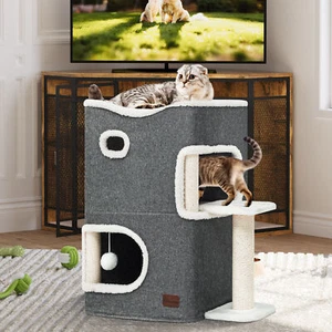 Moderno cubo para gatos condominio 2 niveles interior casa para gatos gatos cama cueva con poste rascador - Imagen 1 de 17