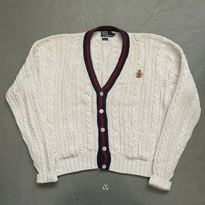 Vintage 90s Polo Ralph Lauren Cable Knit Heavy Cotton Cardigan Tennis Sweater XL - Picture 1 of 14