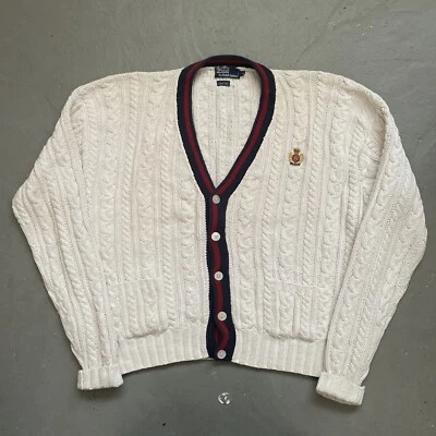 Cárdigan Tenis Suéter XL Vintage Años 90 Polo Ralph Lauren Tejido por Cable Algodón Pesado Foto 1 de 4