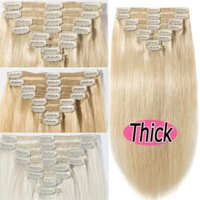 Thick Full Head Clip In Hair Extensions Remy 100% Human Hair Double Weft 20" 22" - Image 1 of 4