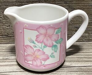Vintage Pink Hibiscus Flowers Milk Jug Creamer Ceramic Porcelain
