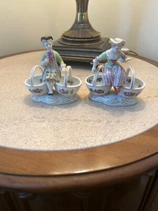 VINTAGE ANDREA BY SADEK REPRODUCTION MEISSEN FIGURINES PAIR BOY GIRL ON BASKETS - Picture 1 of 6