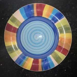 Gibson CARMELITA Multi Striped Blue Band Aqua Center Stoneware Dinner Plate - Picture 1 of 4