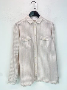 M&S Collection Beige White Stripe Shirt Collar Long Sleeve Pocket Shirt UK 10 - Picture 1 of 9
