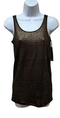 Camiseta sin mangas EILEEN FISHER negra dorada de lino brillante larga ajustada PP NUEVA CON ETIQUETAS $118 Foto 1 de 4