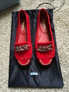 Prada Women's chain fringe shoes red suede leather loafers flat size 36.5 (USA 6 - Picture 1 of 6