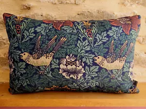 William Morris Bird and Anemone Fabric Cotton Navy & Velvet Cushion Cover Pillow - Picture 1 of 23