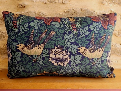 William Morris Bird and Anemone Fabric Cotton Navy & Velvet Cushion Cover Pillow - Image 1 of 4