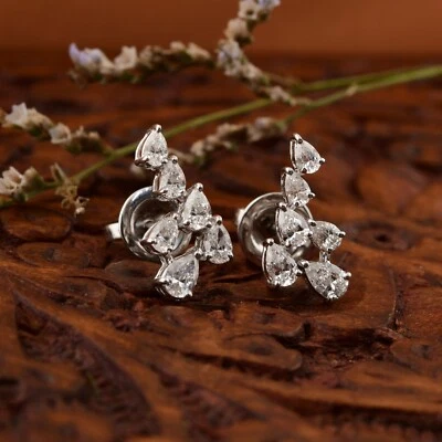 1.07 Ct Lab Grown CVD Pear Diamond Cluster Stud Earrings 14k White Solid Gold - Image 1 of 4