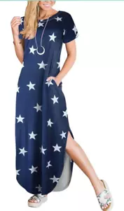 Star Maxi Dress USA Patriotic Blue Casual Loose Long Pockets Women Med ANRABESS - Picture 1 of 8