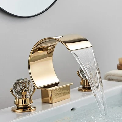 BWE 8" Widespread Waterfall Bathroom Sink Faucet 2 Handle 3 Hole Basin Tap Gold