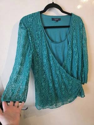 Debenhams Women's Teal Green Smart Casual Wrap Double Layered Top Long Sleeves - Image 1 of 4