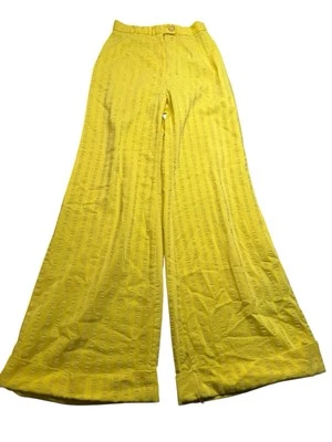 70s Limited Bright Yellow Wide Leg Bell Bottom Pants 100% Cotton Embroidered - Image 1 of 4