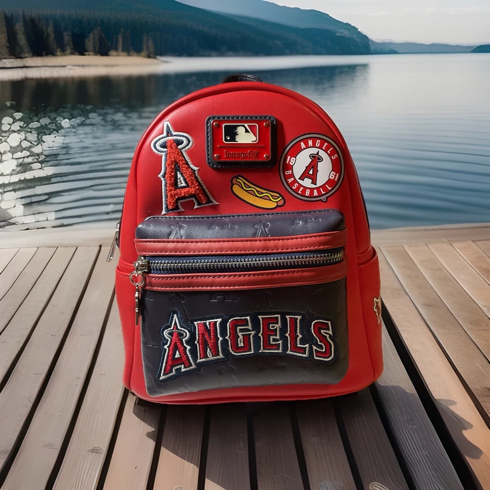 LOUNGEFLY MLB LOS ANGELES ANGELS PATCHES MINI BACKPACK 10x9x5 VERY NICE. - Image 1 of 4