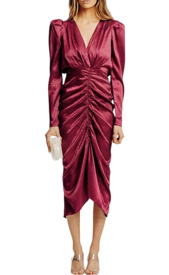 Torn by Ronny Kobo 女式葡萄酒 Astrid 褶皱领连衣裙 L 码全新带标签 — 第 1/4 张图片