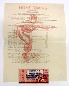 1938 Indiana Versus Wisconsin Football Ticket Randall Homecoming Menu Lawrences - Picture 1 of 4
