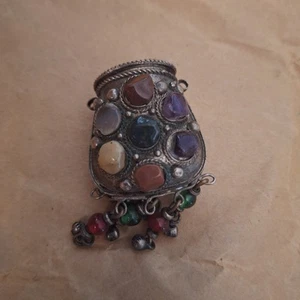 Vintage Tribal Afghan Kuchi Metal Agate Stone Prayer Coin Box Pouch/Bag No Chain - Picture 1 of 5