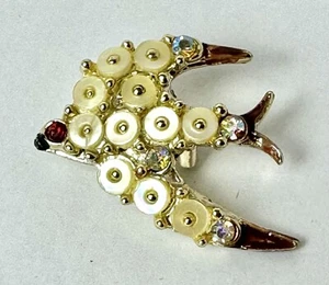 Unique Vintage Mother Of Pearl Rhinestone Enamel Gold Tone Metal Bird Brooch Pin - Picture 1 of 4