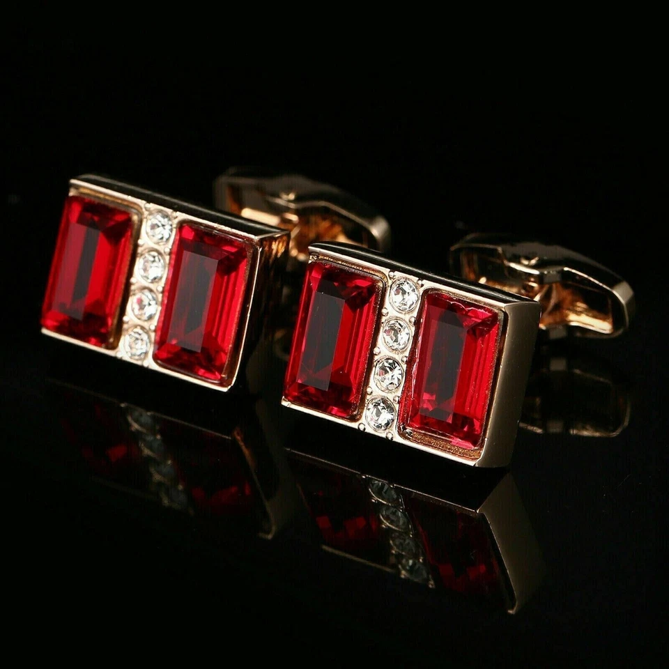 3CT Emerald Lab Created Red Ruby Cufflink For Men's Shirt 14K Yellow Gold Plated - Image 1 of 4