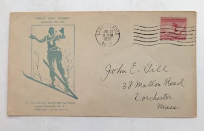 1932 US OLYMPICS LAKE PLACID NY WINTER GAMES SKIING SCENE STAMP FIRST DAY COVER - Image 1 of 2