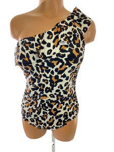 Hilor One Piece Swimsuit One Shoulder Ruffled Leopard Print Built in Bra - Picture 1 of 4