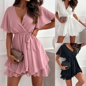 Womens Chiffon Ruffle Mini Wrap Dress Ladies Short Sleeve Summer Beach Sundress - Picture 1 of 14