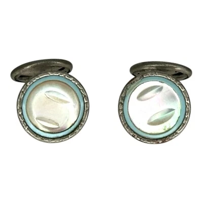 Antique Round Silver Tone Mother of Pearl Art Deco Vintage Cufflinks - Image 1 of 4