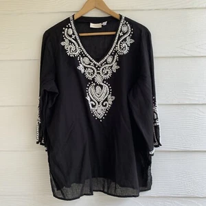 Blusa túnica Chicos negra mezcla lino con cuentas talla 3 cuello redondo manga 3/4 - Imagen 1 de 12