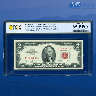 HALF PACK 1963A $2 Two Dollars Legal Tender Note Red Seal, PCGS 65 PPQ - Image 1 of 3
