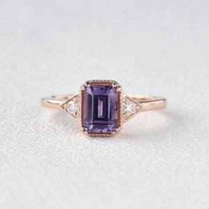 Simulated Amethyst CZ & White CZ With 10K Rose Gold Three Stone Engagement Ring - Picture 1 of 3