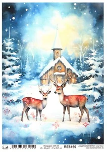 Reispapier A4 Strohseide Decoupage Weihnachten Kirche Rehe RE6169 - Bild 1 von 1