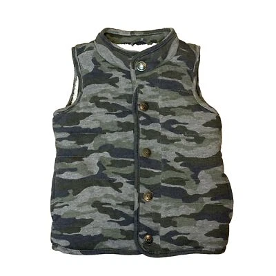 Mud Pie Boy's Vest 2T-3T Medium Camo Sherpa Lined Gray Green Blue Snap Outerwear - Image 1 of 4