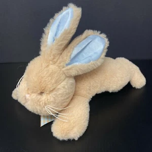 Bearington Baby Tan Bunny Rabbit Plush Blue Satin Tummy Stuffed Animal Rattle - Picture 1 of 4