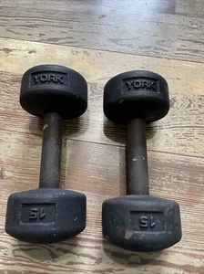 York Set di due manubri testa tonda 15 libbre USA 30 totali vintage acciaio ghisa - Foto 1 di 7