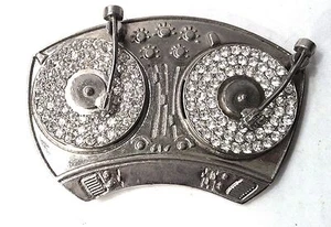 Turntables DJ Belt Buckle Blinged Silver Chrome Rhinestones New Unisex Hip Hop  - Picture 1 of 3