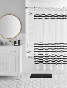 Mainstays 17-Piece Black & White Stripe Polyester/Plastic Shower Curtain - Picture 1 of 7