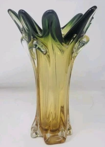 Vintage Kamei Japanese Art Glass Open Swung Vase Yellow green orange - Picture 1 of 5
